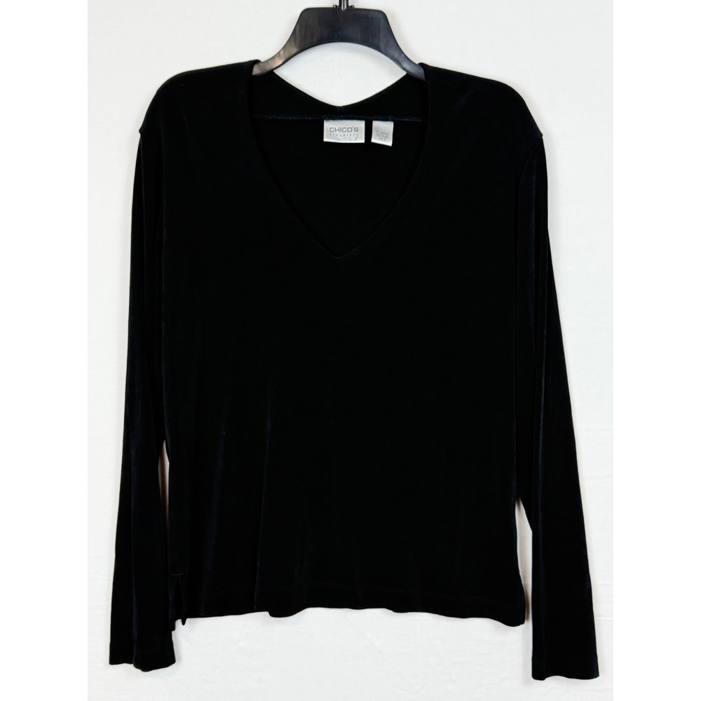 Chico's Women Top Size 2 Black V-Neck Ribbed Slinky Long Sleeve Travelers